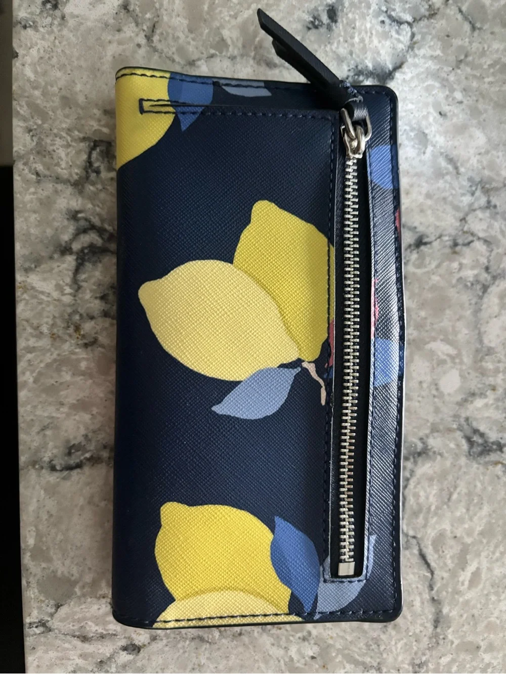 kate spade navy wallet with yellow lemon print